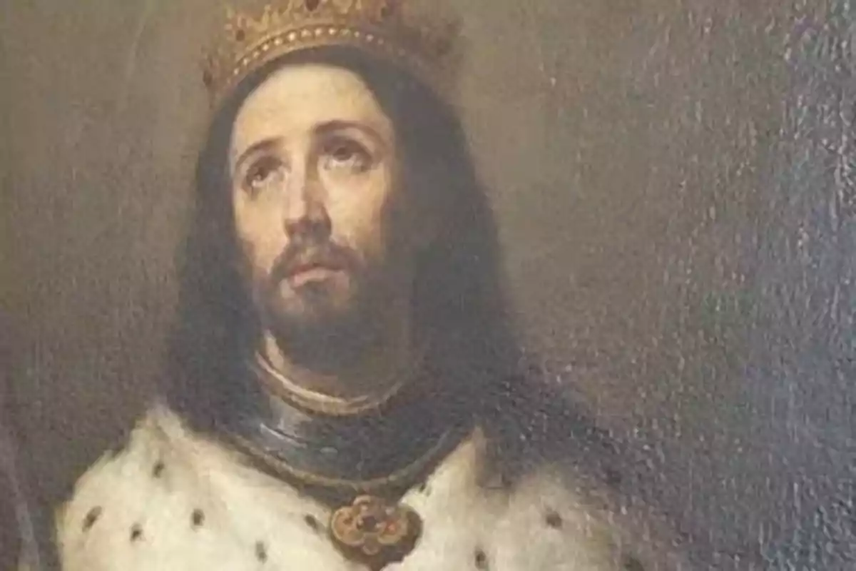 Pintura de un hombre con corona y manto real mirando hacia arriba Pintura de un hombre con corona y manto real mirando hacia arriba
