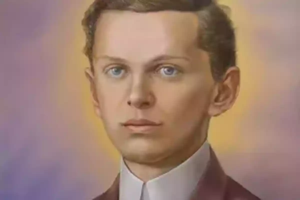 Retrato de un joven con cabello castaño claro y ojos azules, vestido con una camisa blanca y chaqueta marrón, sobre un fondo de colores suaves. Retrato de un joven con cabello castaño claro y ojos azules, vestido con una camisa blanca y chaqueta marrón, sobre un fondo de colores suaves.