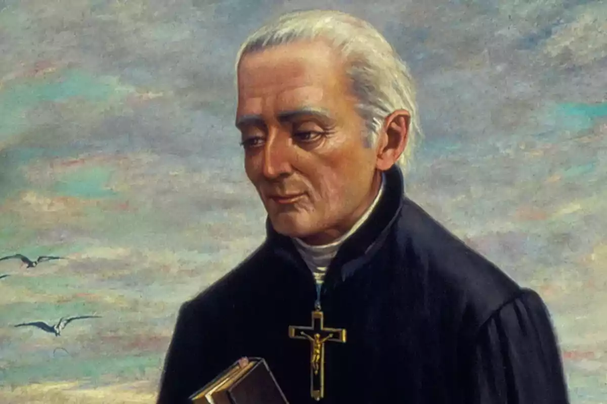 Retrato de un hombre mayor de cabello canoso vestido con sotana negra y un crucifijo dorado al cuello sosteniendo un libro con un cielo nublado de fondo y aves volando Retrato de un hombre mayor de cabello canoso vestido con sotana negra y un crucifijo dorado al cuello sosteniendo un libro con un cielo nublado de fondo y aves volando