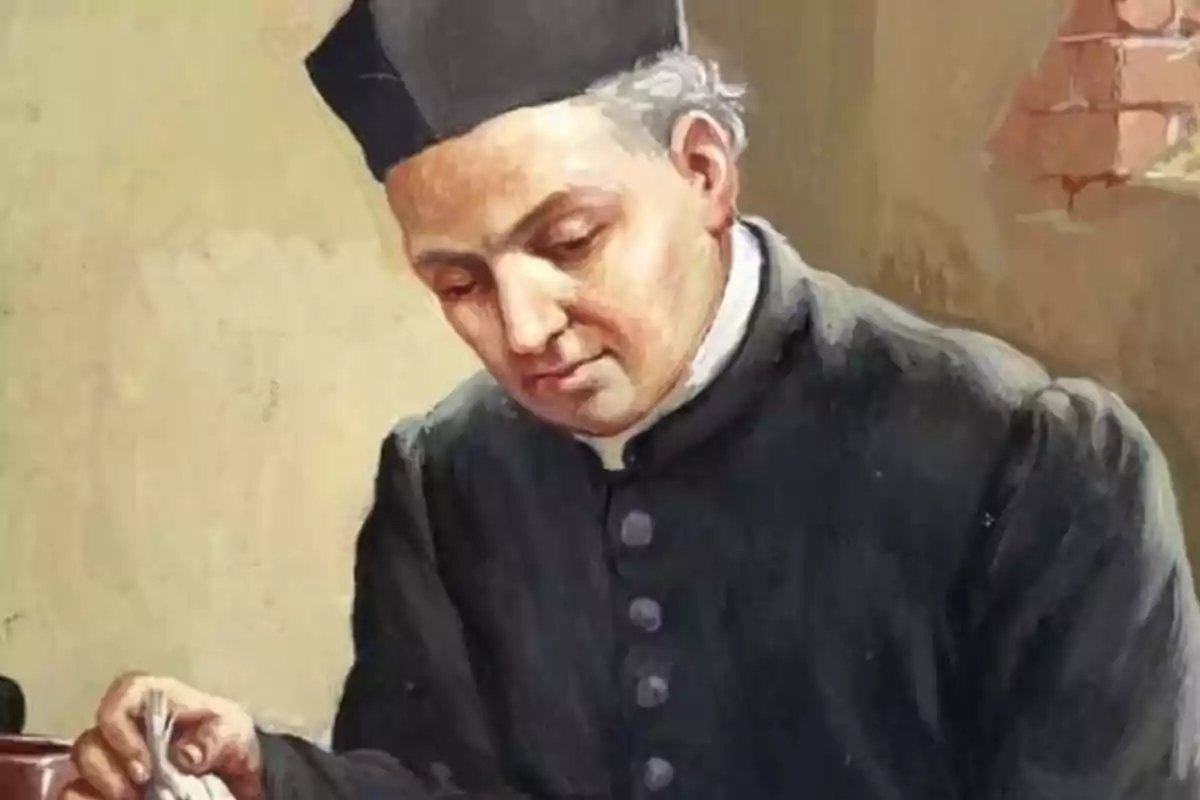 Pintura de un hombre con vestimenta religiosa negra y gorro, sentado y mirando hacia abajo mientras sostiene un objeto en la mano Pintura de un hombre con vestimenta religiosa negra y gorro, sentado y mirando hacia abajo mientras sostiene un objeto en la mano