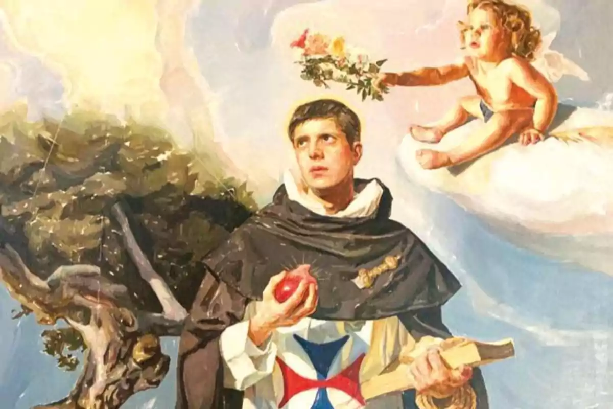 Pintura religiosa de un hombre con hábito sosteniendo una granada y un libro, mientras un ángel sobre una nube le ofrece una corona de flores. Pintura religiosa de un hombre con hábito sosteniendo una granada y un libro, mientras un ángel sobre una nube le ofrece una corona de flores.