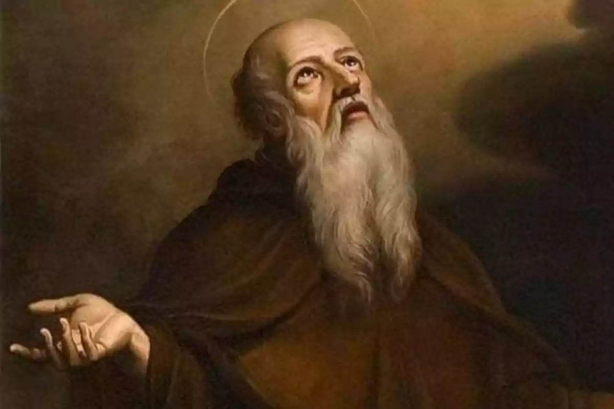 Pintura de un hombre anciano con barba larga y túnica marrón mirando hacia arriba con una expresión de devoción y un halo sobre su cabeza Pintura de un hombre anciano con barba larga y túnica marrón mirando hacia arriba con una expresión de devoción y un halo sobre su cabeza