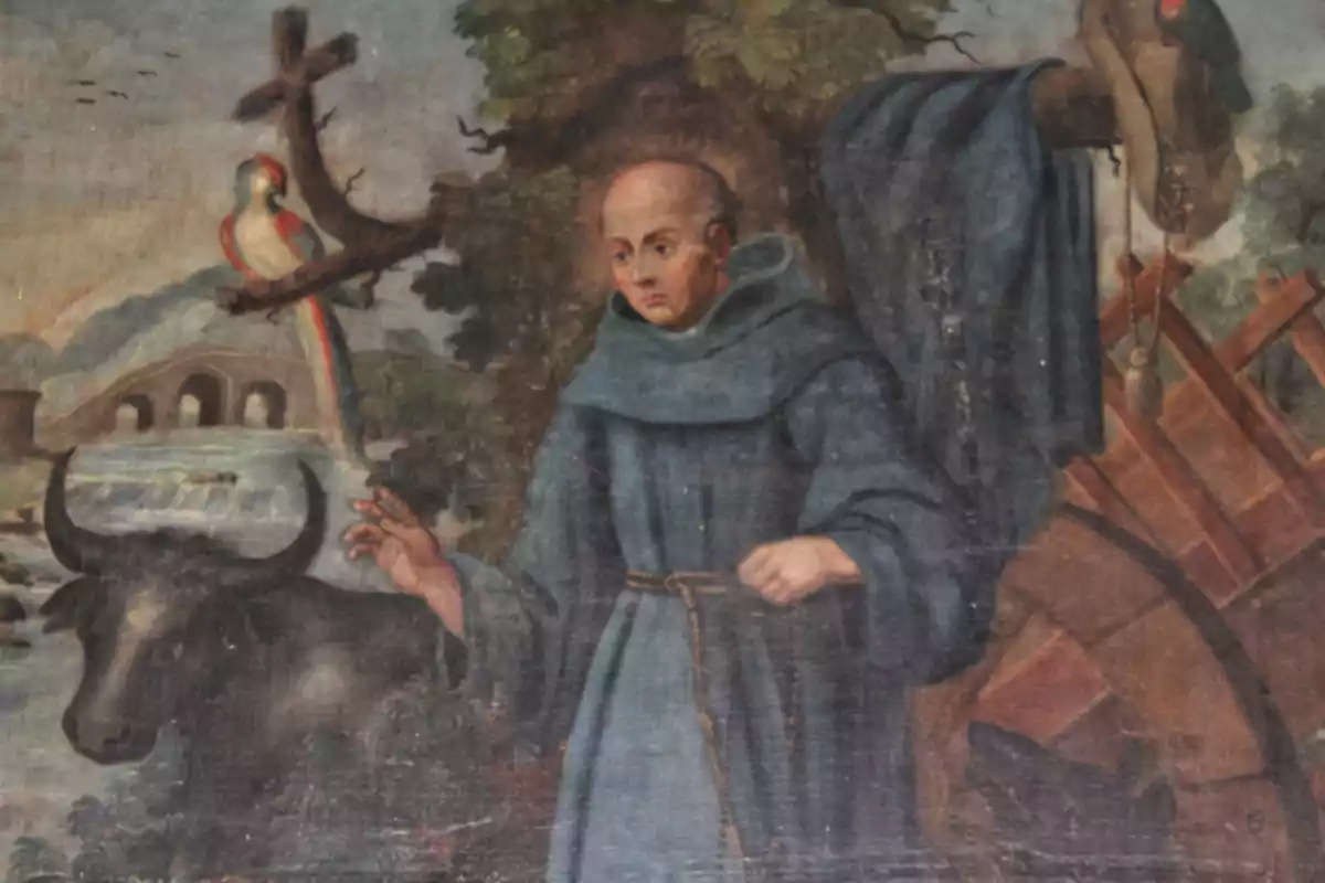 Un monje con hábito azul está de pie junto a un buey y un árbol con un pájaro posado, en un paisaje que incluye un puente y un río. Un monje con hábito azul está de pie junto a un buey y un árbol con un pájaro posado, en un paisaje que incluye un puente y un río.