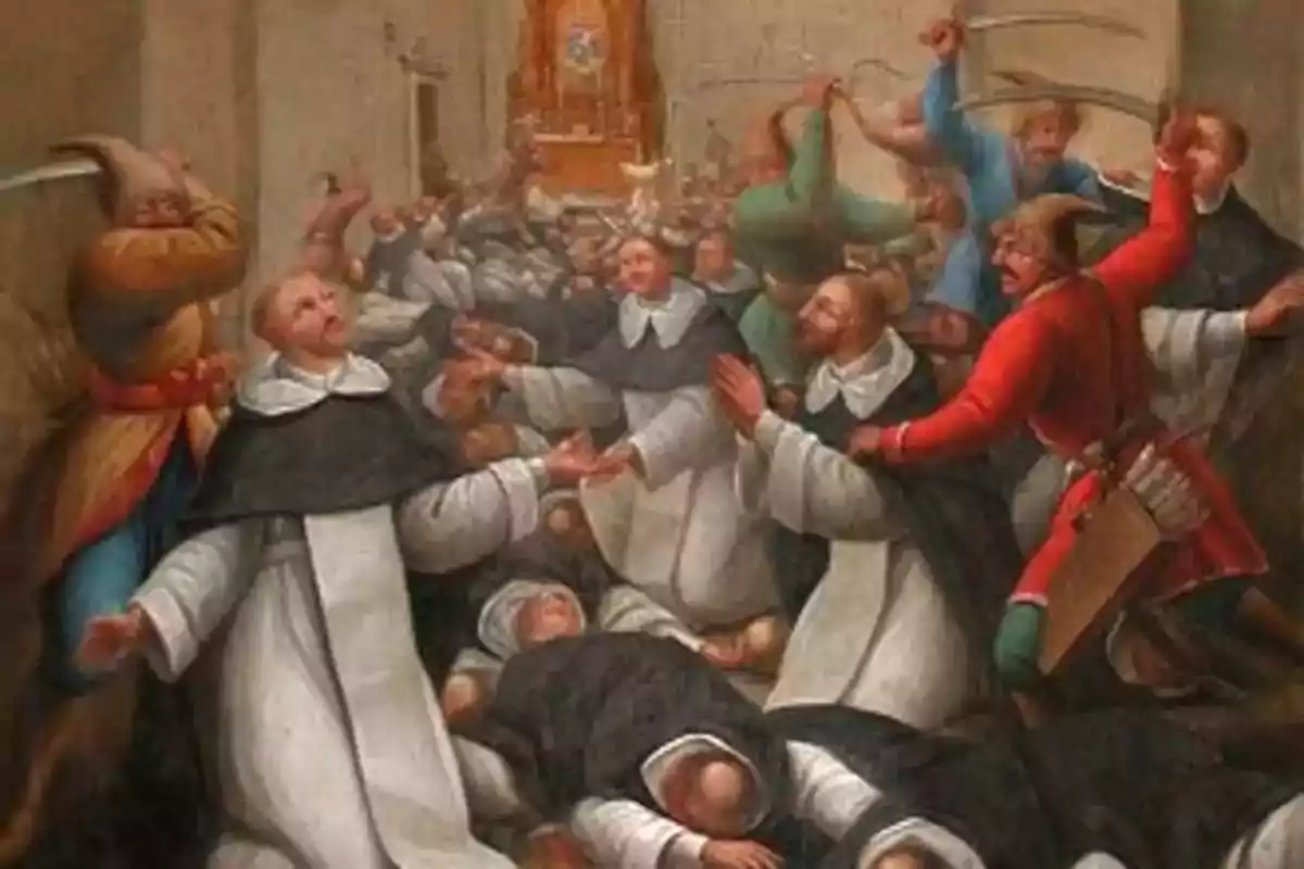 Pintura que muestra a varios monjes siendo atacados por hombres armados con espadas dentro de un edificio religioso mientras algunos monjes yacen en el suelo Pintura que muestra a varios monjes siendo atacados por hombres armados con espadas dentro de un edificio religioso mientras algunos monjes yacen en el suelo