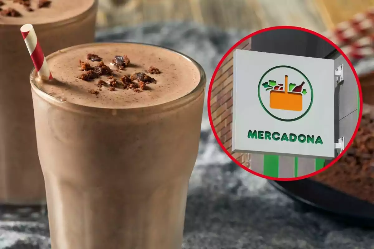 Batido de chocolate con pajilla a rayas rojas y blancas, con un letrero de Mercadona en un círculo rojo en la esquina superior derecha.