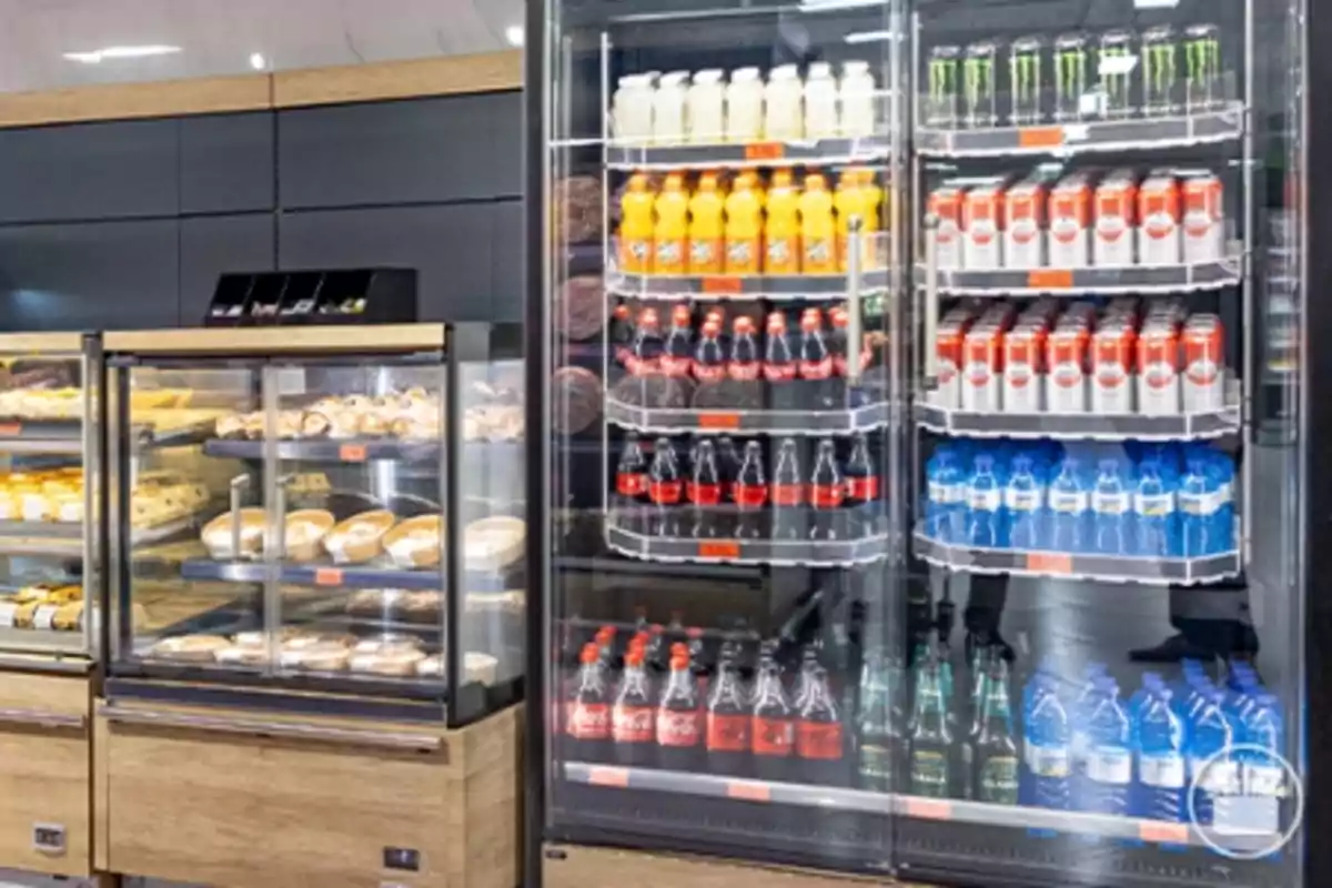 Una vitrina de panadería con diversos productos horneados junto a un refrigerador lleno de bebidas como refrescos, jugos y bebidas energéticas. Una vitrina de panadería con diversos productos horneados junto a un refrigerador lleno de bebidas como refrescos, jugos y bebidas energéticas.