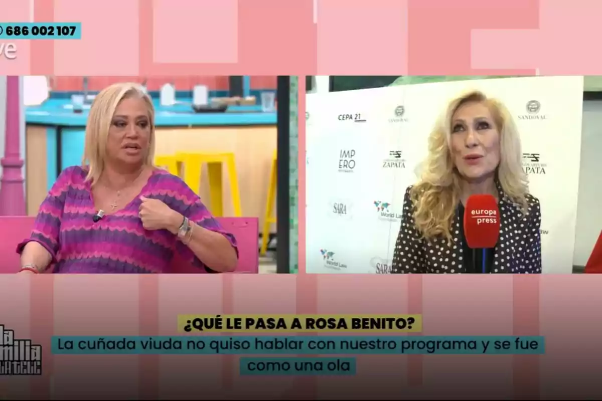 En la imagen se observa a Belén Esteban y Rosa Benito en un programa de televisión llamado La Familia de la Tele, una de ellas está sentada en un sofá rosa con un fondo de cocina y la otra está de pie con un micrófono rojo de Europa Press, el texto en la parte inferior pregunta sobre Rosa Benito y menciona que la cuñada viuda no quiso hablar con el programa. En la imagen se observa a Belén Esteban y Rosa Benito en un programa de televisión llamado La Familia de la Tele, una de ellas está sentada en un sofá rosa con un fondo de cocina y la otra está de pie con un micrófono rojo de Europa Press, el texto en la parte inferior pregunta sobre Rosa Benito y menciona que la cuñada viuda no quiso hablar con el programa.