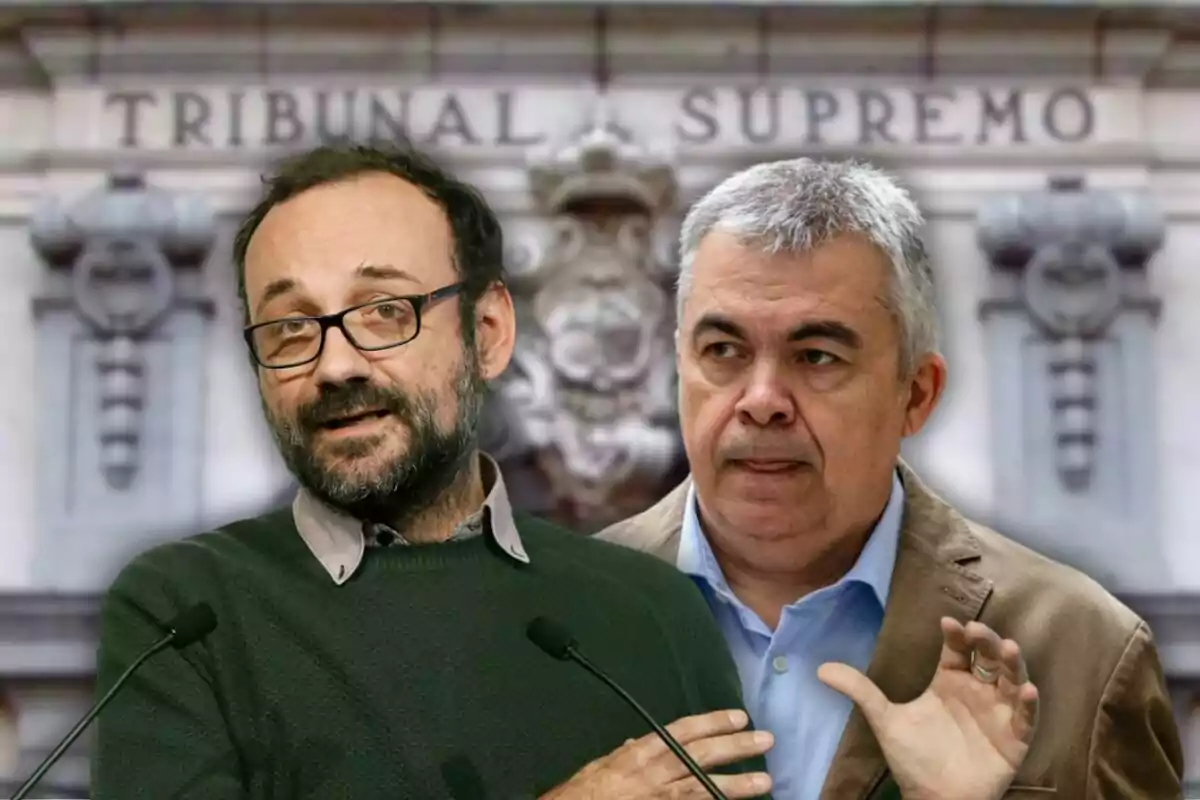 Dos hombres en primer plano frente a un edificio con la inscripción Tribunal Supremo