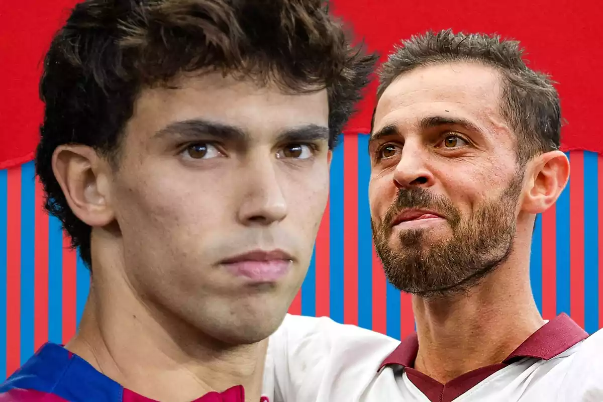 Joao Félix y Bernardo Silva sobre un fondo de color azul y rojo