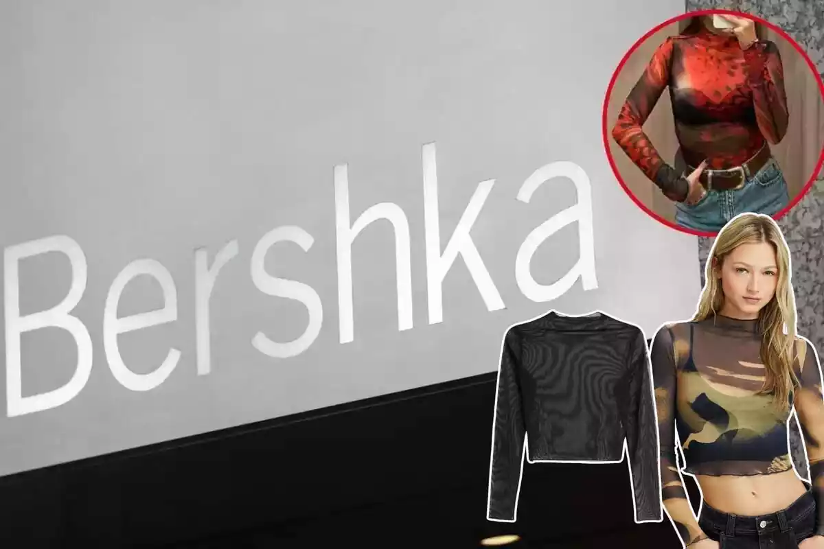 Imagen de fondo de un logo de una tienda Bershka junto a otras imágenes de una camiseta de la marca, una suelta en color negro y otra con dos chicas posando en color naranja y amarillo y verde