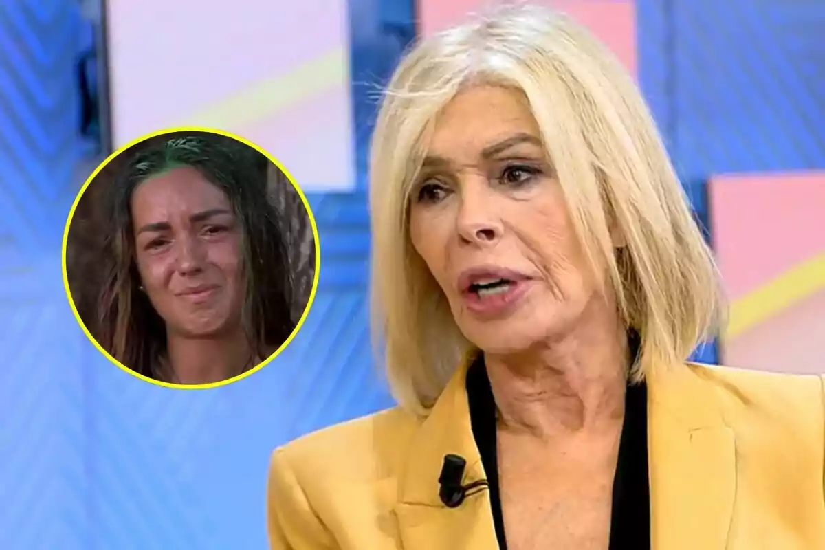 Bibiana Fernández rubia de cabello corto hablando en El Programa de Ana Rosa con un recuadro circular que muestra a Anita joven con expresión triste en Supervivientes