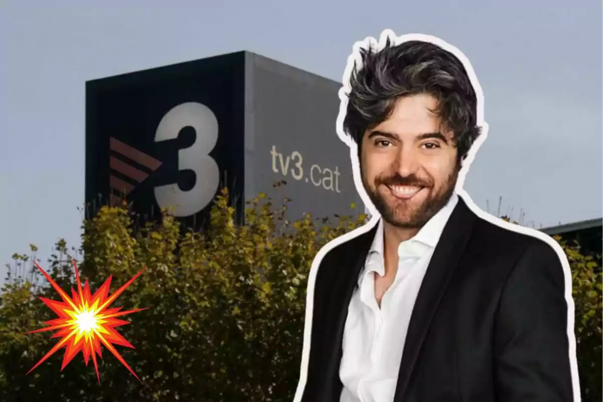 Un hombre sonriente con barba y cabello oscuro, vestido con traje y camisa blanca, está superpuesto frente a un edificio con el logotipo de "tv3.cat" y un número 3 grande, con un gráfico de explosión en la esquina inferior izquierda.