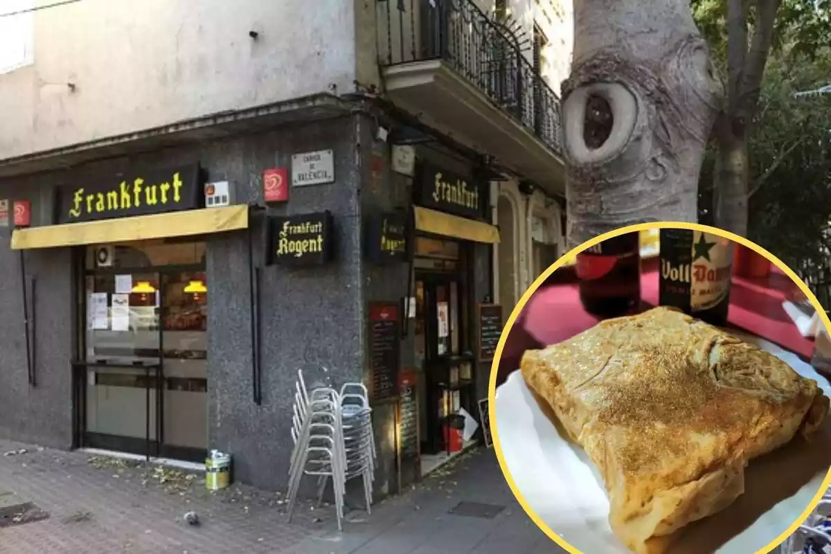 Un bar de Barcelona con sillas en el exterior y un cartel que pone Frankfurt