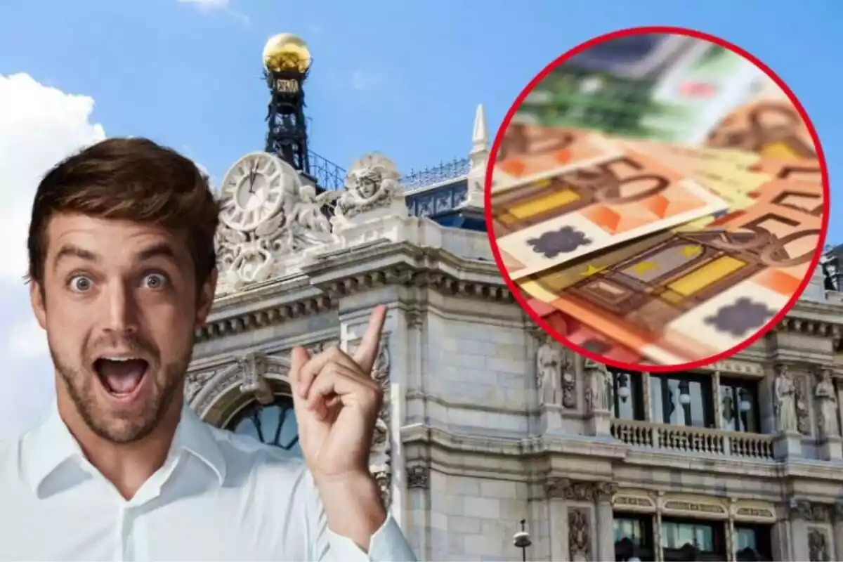 Montaje del Banco de España, un hombre sorprendido y unos billetes