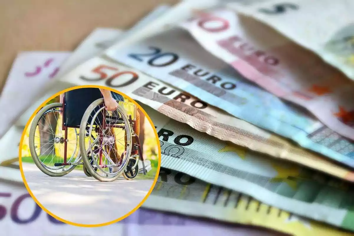 Montaje con billetes de euro y persona en silla de ruedas