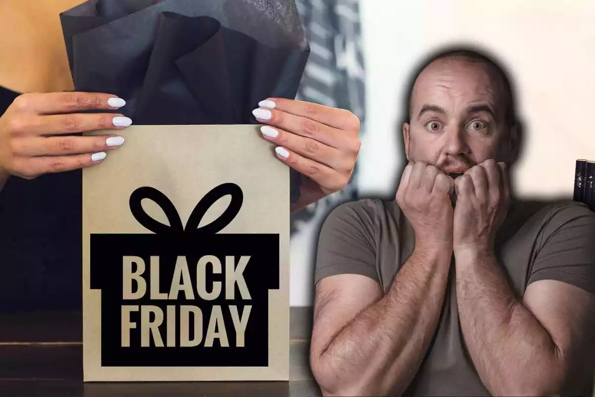 Montaje con una imagen de una bolsa de compra en la que pone Black Friday y otra imagen de un hombre asustado