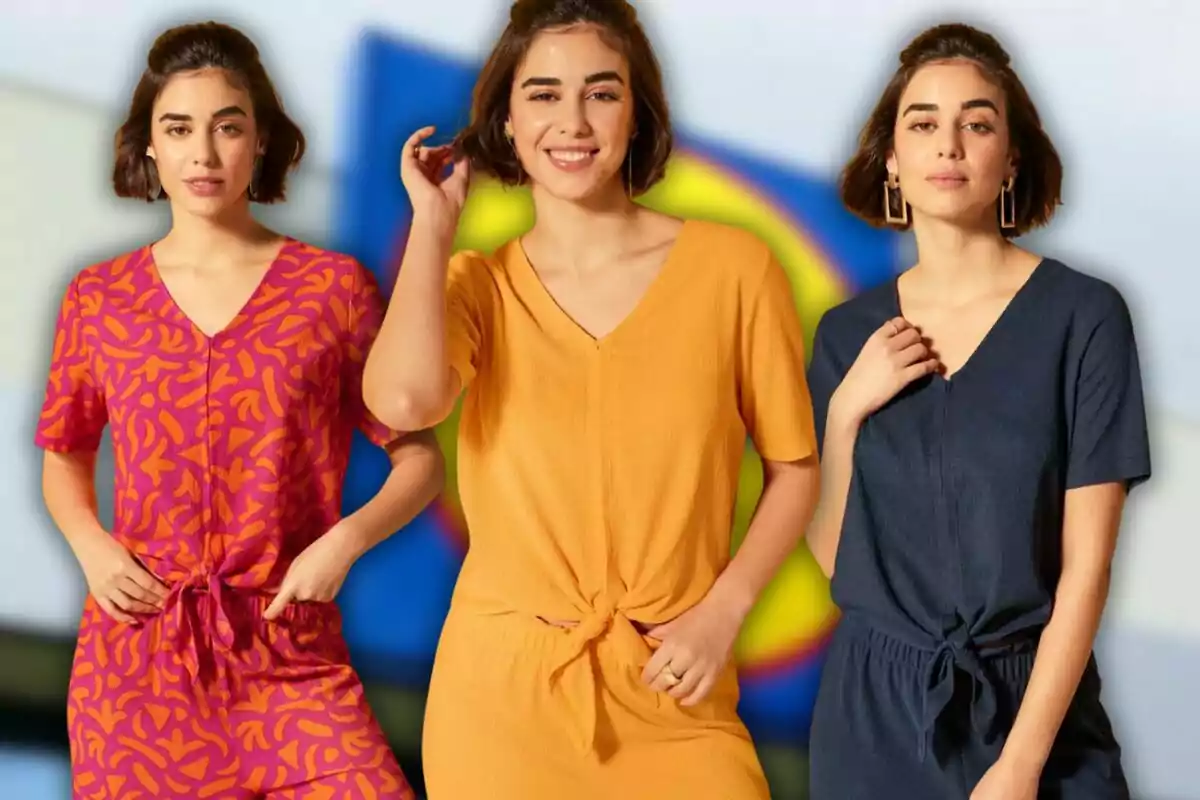 Blusa de Lidl puesta en un modelos en los tres colores: estampada, amarilla y azul Blusa de Lidl puesta en un modelos en los tres colores: estampada, amarilla y azul