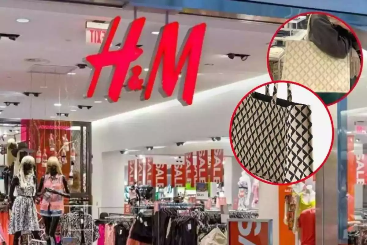 Imagen de fondo de una tienda H&M y otras dos imágenes del bolso jacquard en dos tonos de la misma marca
