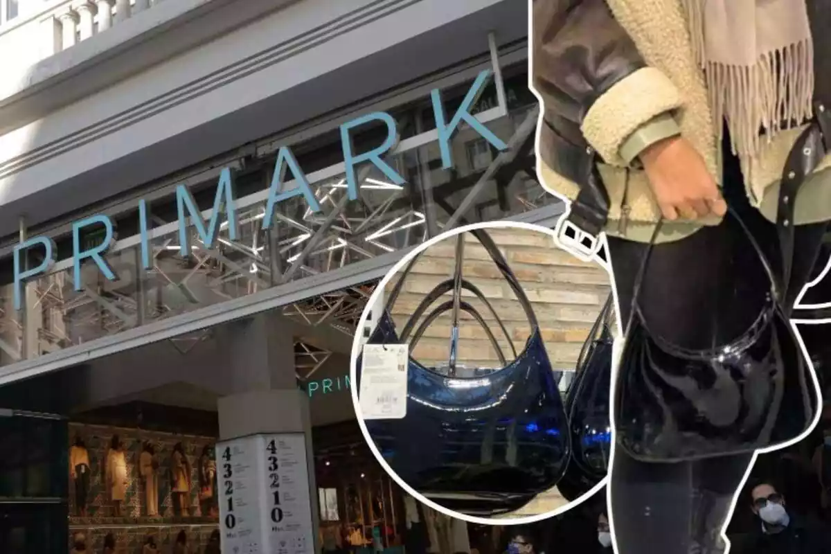 Imagen de fondo de una tienda Primark y otra de una persona con un bolso negro brillante de la colección Rita Ora de Primark, junto a otra imagen del mismo bolso colgado