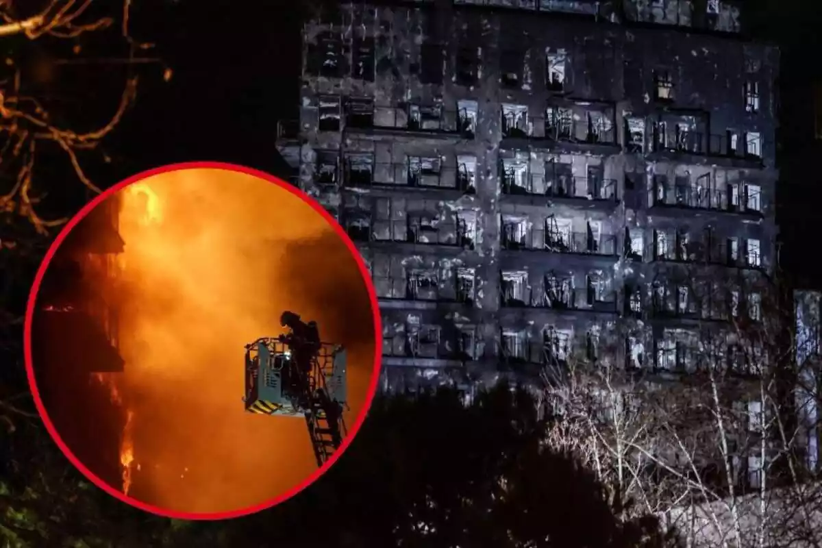 Imagen de fondo del edificio de Campanar, de Valencia, totalmente quemado y otra imagen de un bombero acudiendo al edificio en llamas con una elevadora