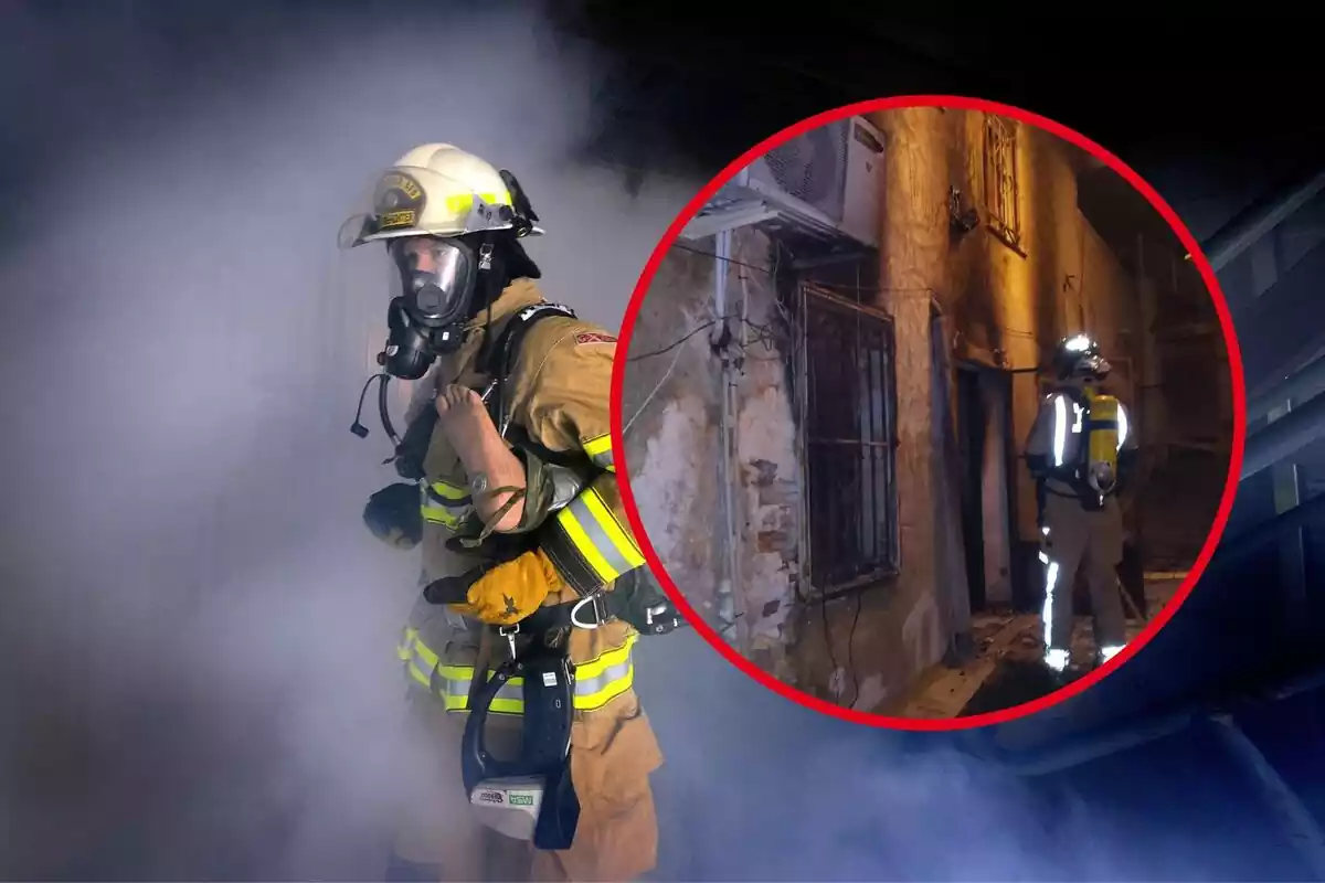 Montaje con un bomberos y una imagen del incendio en Ricote