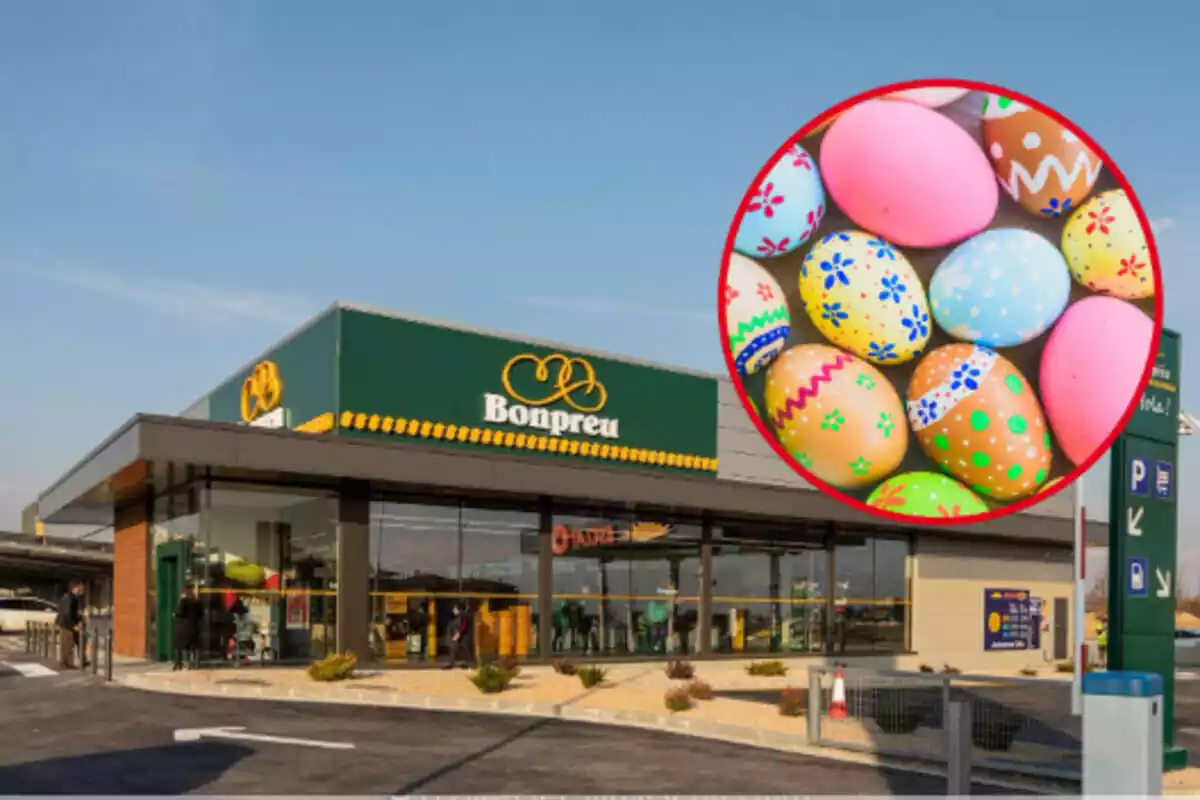 Fotomontaje con un fondo de un supermercado Bonpreu y una foto enmarcada de huevos de Pascua