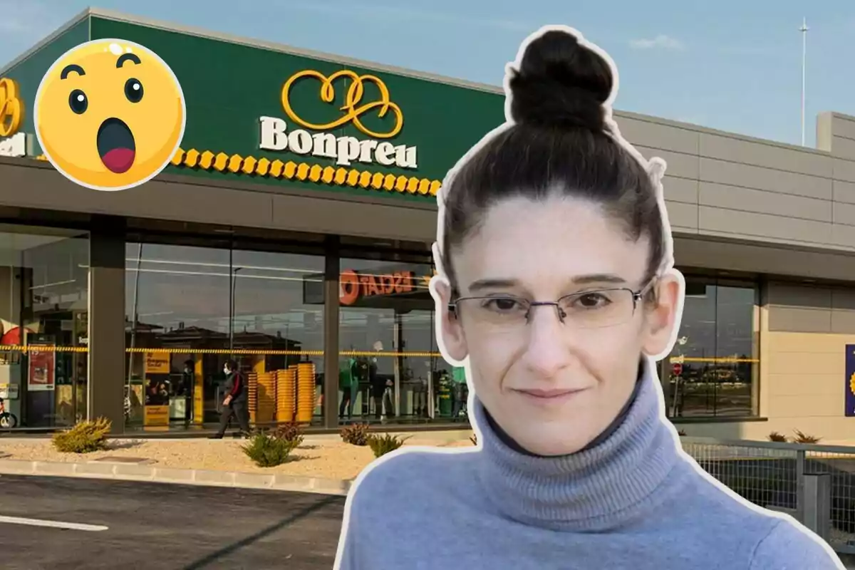 Una persona con gafas y cabello recogido aparece frente a un supermercado Bonpreu, junto a un emoji sorprendido.