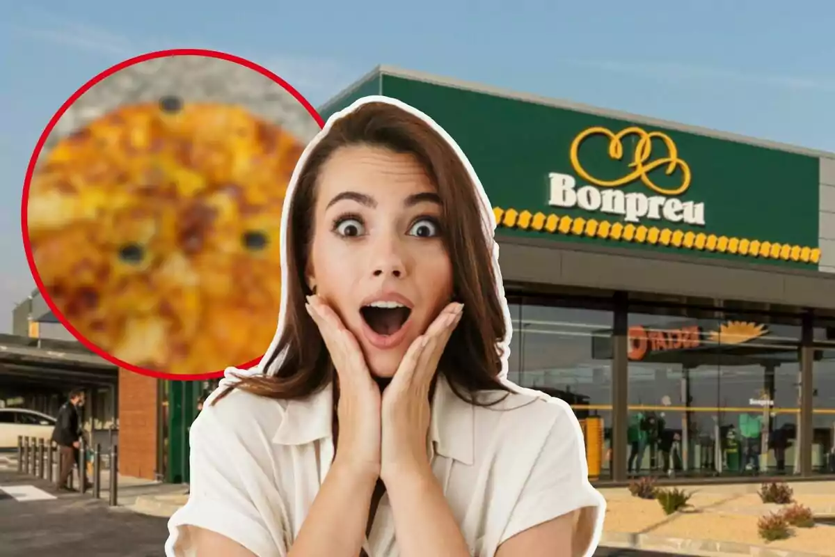 Una mujer sorprendida frente a un supermercado Bonpreu con una pizza desenfocada en un círculo rojo.