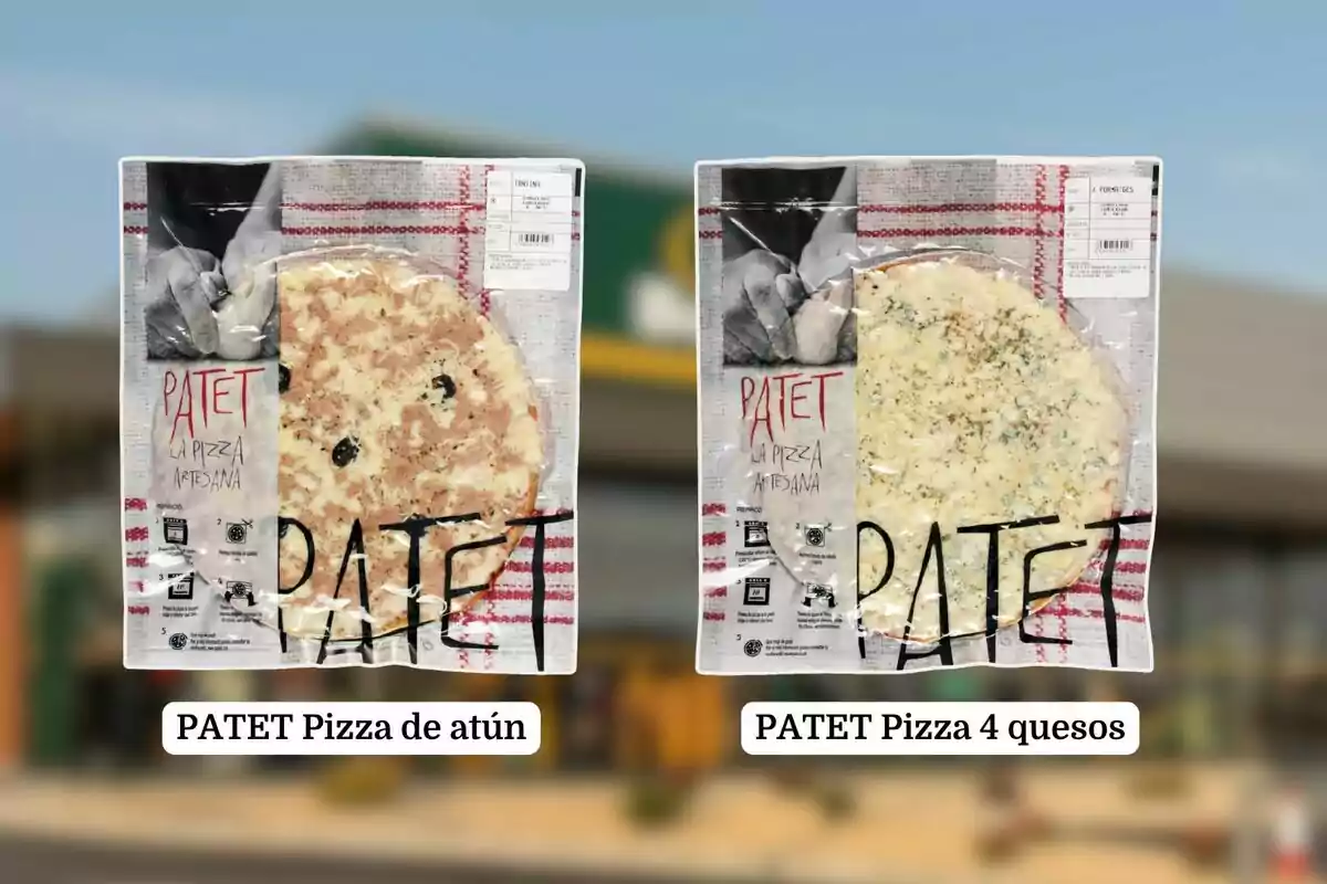 Dos paquetes de pizza PATET, uno de atún y otro de cuatro quesos, con fondo desenfocado. Dos paquetes de pizza PATET, uno de atún y otro de cuatro quesos, con fondo desenfocado.