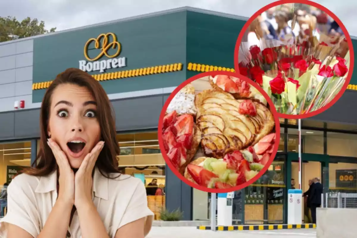 Una mujer sorprendida, detrás un supermercado bonpreu y un círculo con rosas de sant jordi y otro círculo con postres de hojaldre