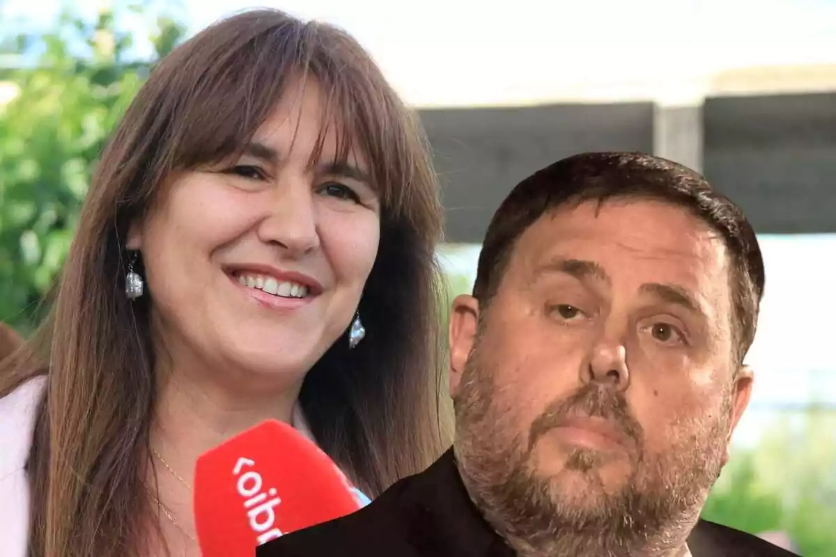 Montaje fotográfico con Laura Borràs sonriente de fondo y Oriol Junqueras preocupado en primer plano