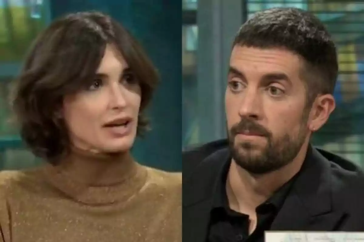 Paz Vega con tono serio a la izquierda con David Broncano sorprendido a la derecha, ambos en La Revuelta.