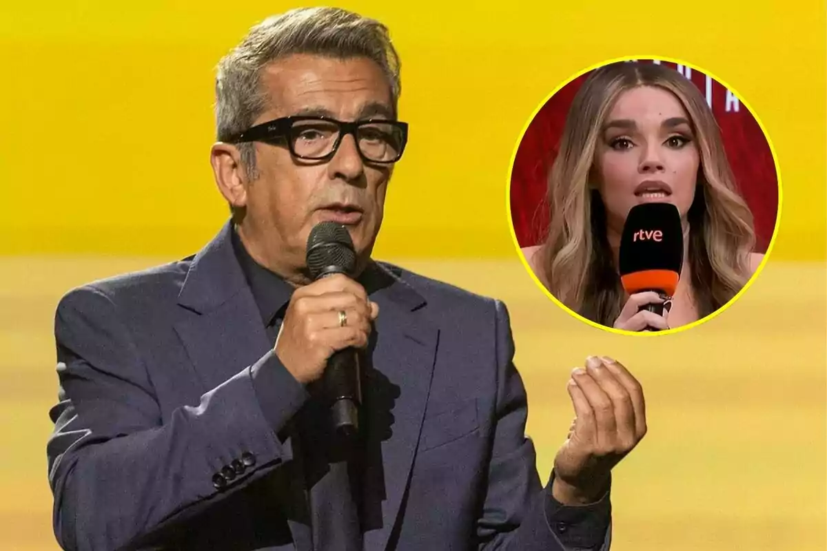 Andreu Buenfafuente con cabello canoso y gafas hablando con micrófono en mano sobre fondo amarillo, con un recuadro circular que muestra a Melody con micrófono de rtve