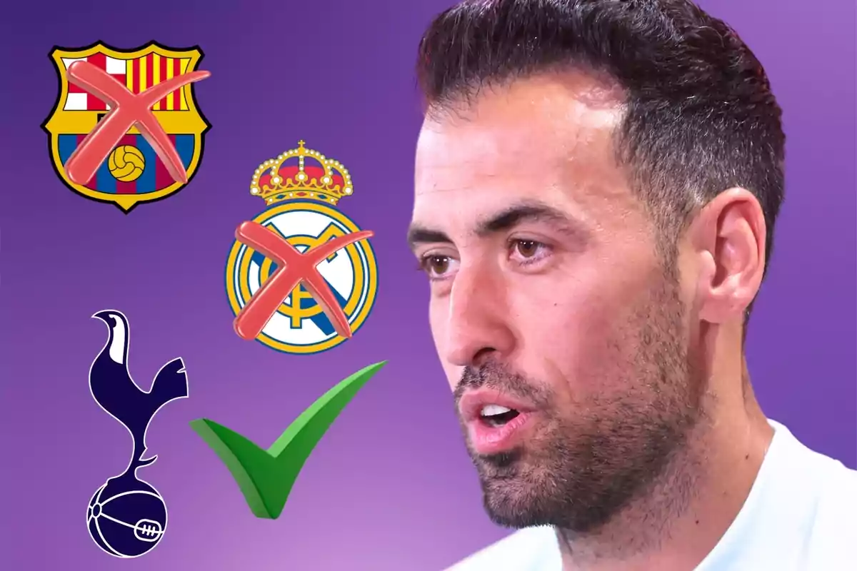 Un hombre con barba y cabello oscuro aparece en primer plano, con los logotipos del FC Barcelona y Real Madrid tachados con una X roja, y el logotipo del Tottenham Hotspur con una marca de verificación verde sobre un fondo morado.