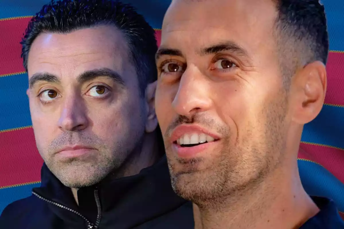 Sergio Busquets en primer plano con Xavi Hernández a su lado mirando de perfil