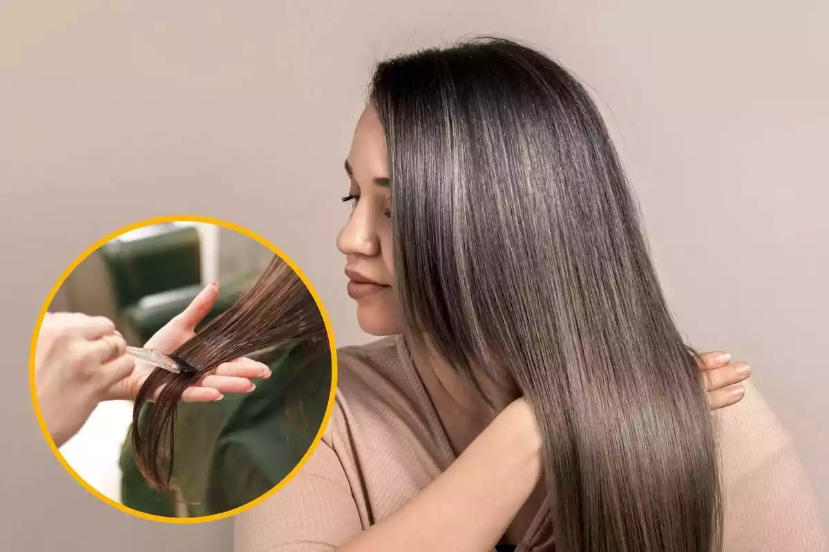 Chica mostrando su pelo sano y círculo amarillo con mano aplicando producto en cabello