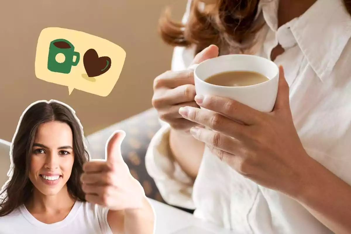 Imagen de fondo de una persona con una taza de café en la mano, junto a la imagen de otra persona con gesto de aprobación y un emoticono de una taza con un corazón al lado