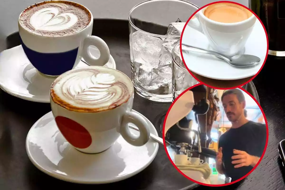 Imagen de fondo de una mesa con dos cafés y vasos con hielo y otra de un hombre en una cafetería y de una cucharilla de café en un plato de taza