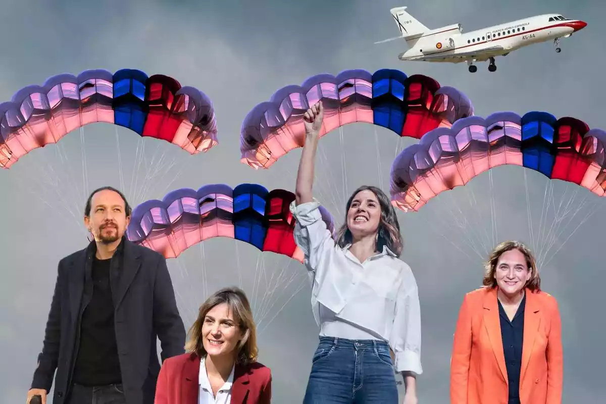 Montaje fotográfico con los políticos de podemos Pablo Iglesias, Jéssica Albiach, Irene Montero y Ada Colau cayendo en paracaidas