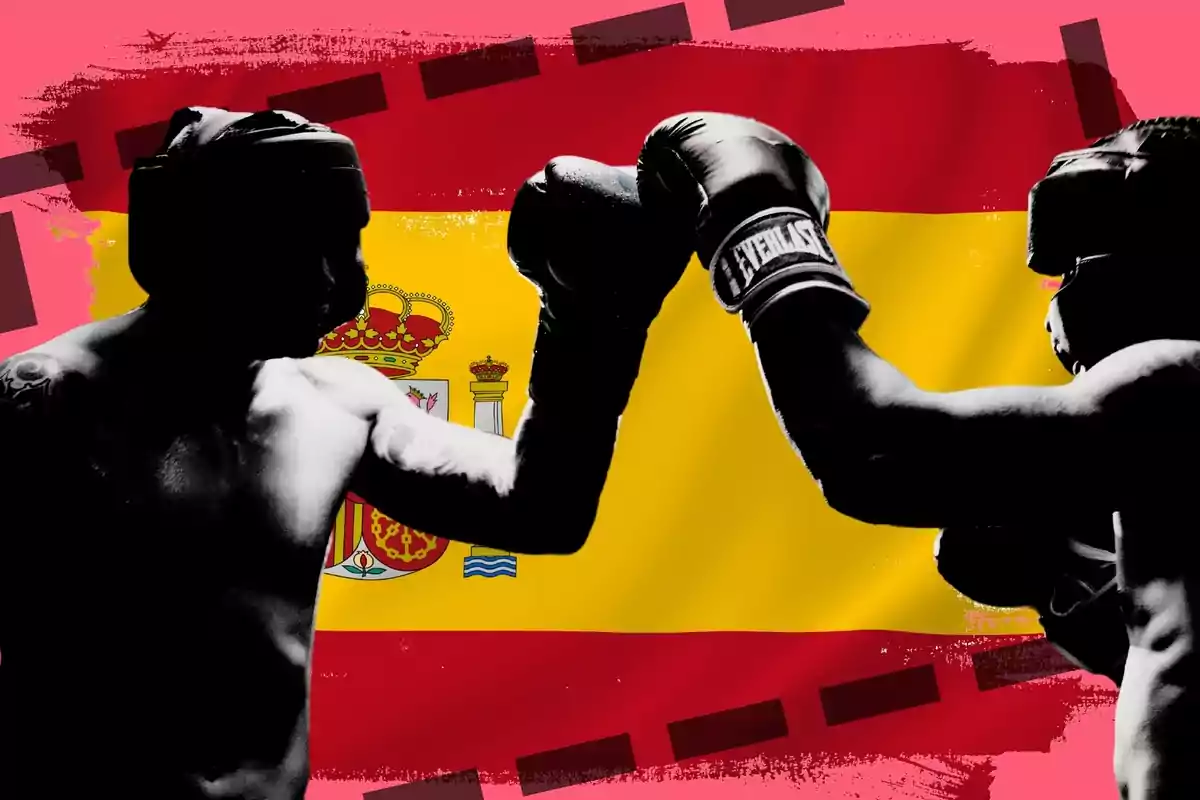 Dos boxeadores con cascos y guantes de boxeo se enfrentan frente a una bandera de España.