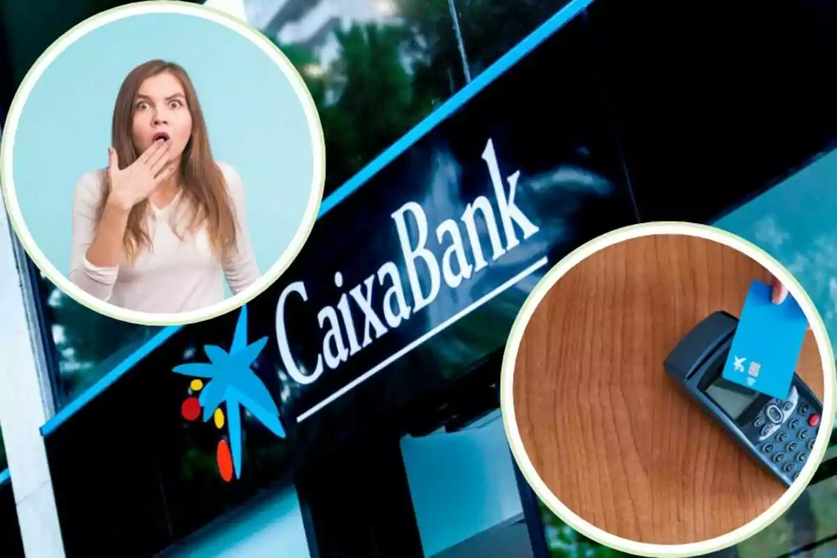 Una mujer sorprendida, el logo de CaixaBank y una tarjeta siendo usada en un terminal de pago.