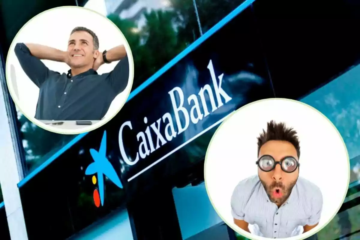 Dos hombres enmarcados en círculos, uno relajado y otro con expresión de sorpresa, sobre un fondo con el logo de CaixaBank.