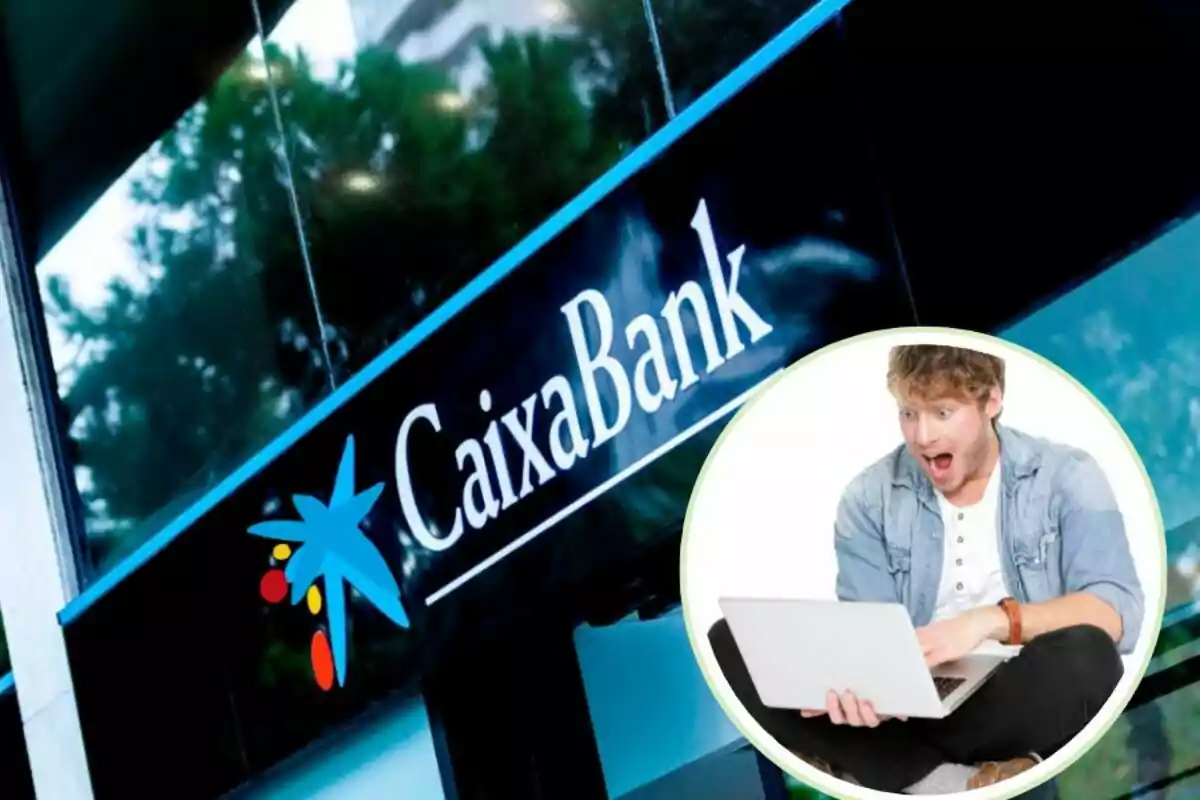 Logo de CaixaBank con un hombre sorprendido mirando una computadora portátil.