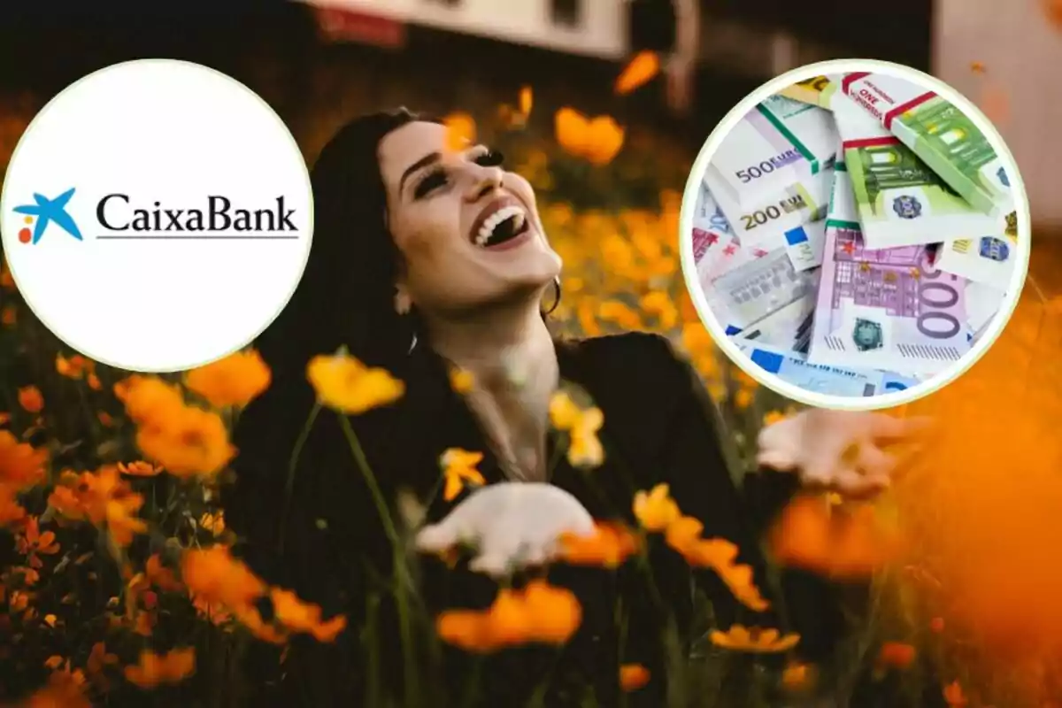 Una mujer sonriente en un campo de flores amarillas con el logo de CaixaBank y una imagen de billetes de euro.