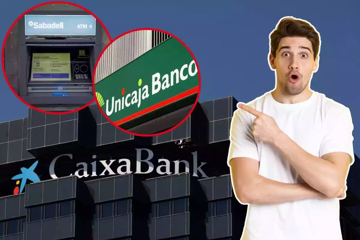 Montaje con una imagen de fondo de CaixaBank y otras dos de Unicaja y Sabadell, además, un hombre sorprendido