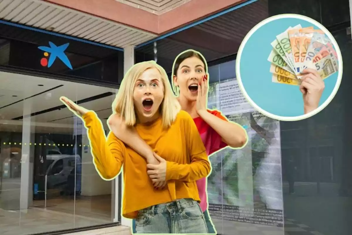 Dos mujeres sorprendidas frente a una sucursal bancaria con una imagen de billetes en la esquina superior derecha.