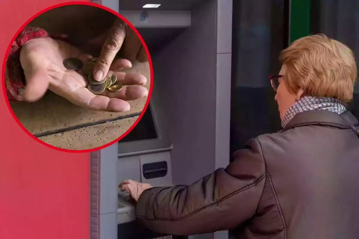 Imagen de fondo de una mujer sacando dinero de un cajero y otra de una persona con monedas de euro en la mano