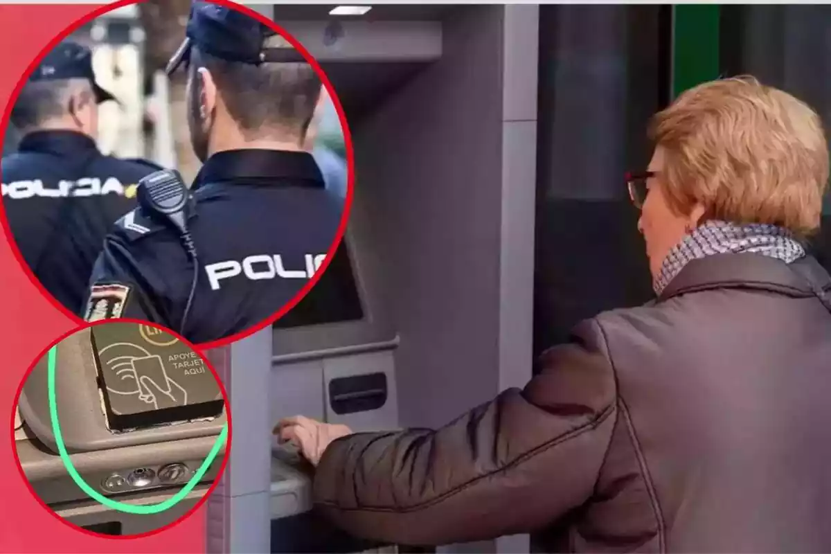 Imagen de fondo de una persona operando en un cajero, junto a otros imagen de varios agentes de policía y otra imagen de un dispositivo para tarjetas puesto en un cajero