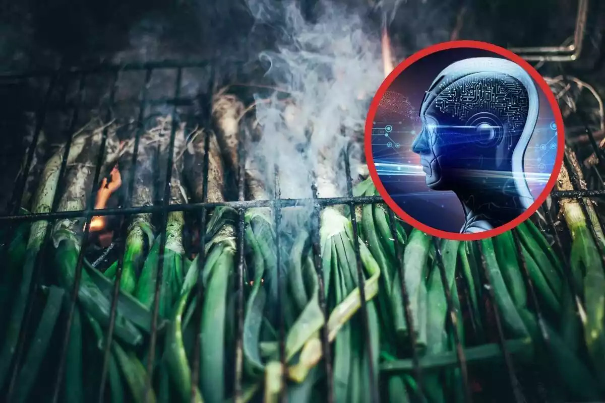 Un fuego con unos calçots haciéndose y en un lado un círculo con una imagen de un robot de lado