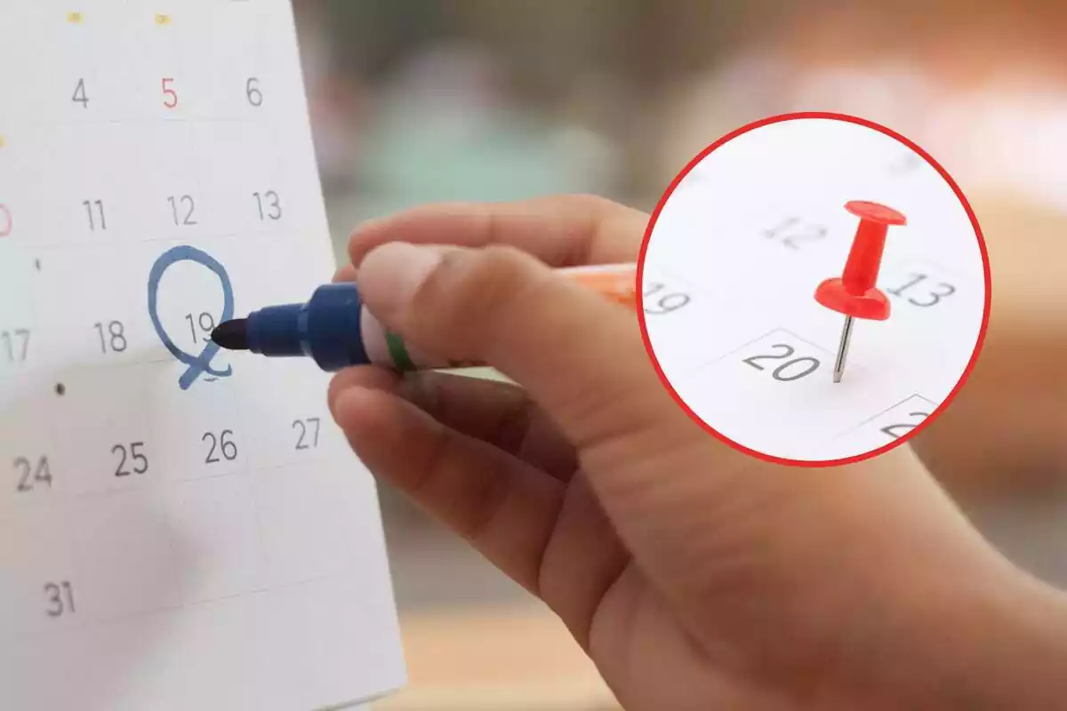 Montaje con una persona marcando en el calendario y una pinza señalando un día